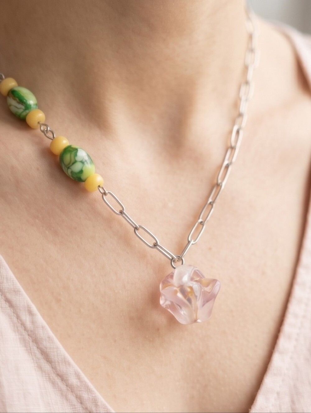#280 HAND CRAFTED Necklace handcrafted handmade Orchid Resin Yellow Green